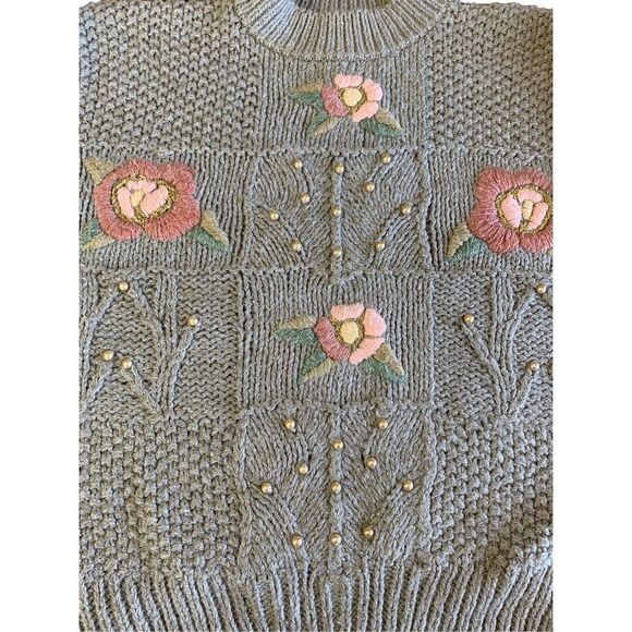90s Designer Original Floral And Beaded Sweater Medium Vintage - Picture 3 of 9
